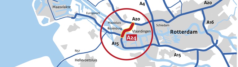 Op deze kaar ziet u de locatie van de tolweg A24, die Rozenburg en Vlaardingen met elkaar verbindt.